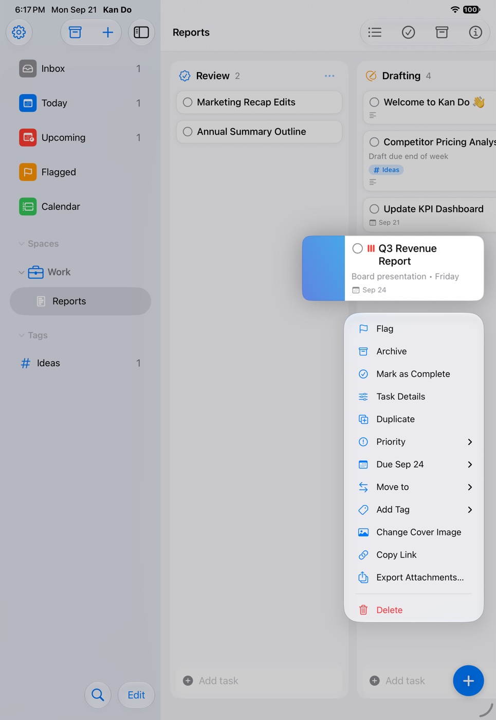 A card's context menu