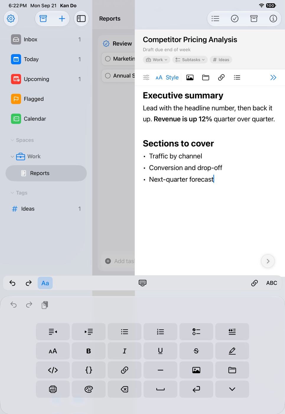 The keyboard replaced by the formatting panel: outdent, indent, lists, to-do, quote, style, bold, italic, underline, strikethrough, highlight, code, code block, link, separator, image, file, print, text color, delete, space, return, and hide keyboard