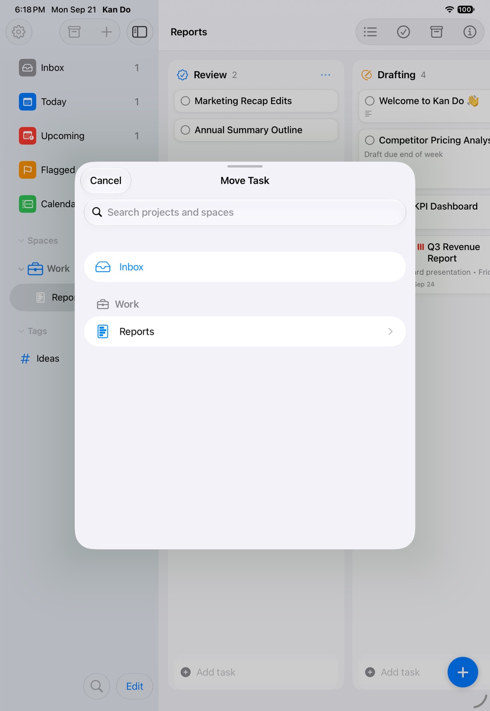 The Move Task picker with a search field, Inbox, and the Work space's Reports project