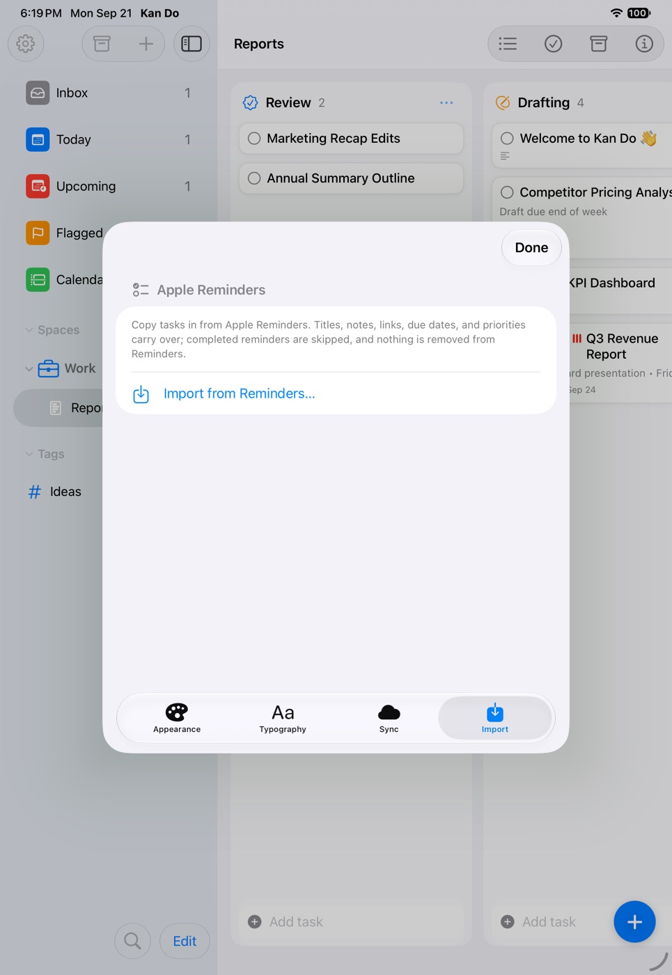 Settings ▸ Import showing the Apple Reminders explanation and Import from Reminders… button