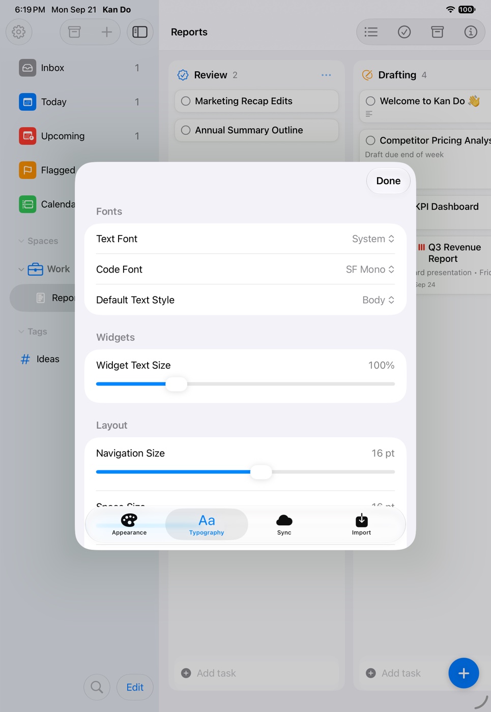 Settings ▸ Typography with Text Font, Code Font, Default Text Style, Widget Text Size, and the Layout sliders