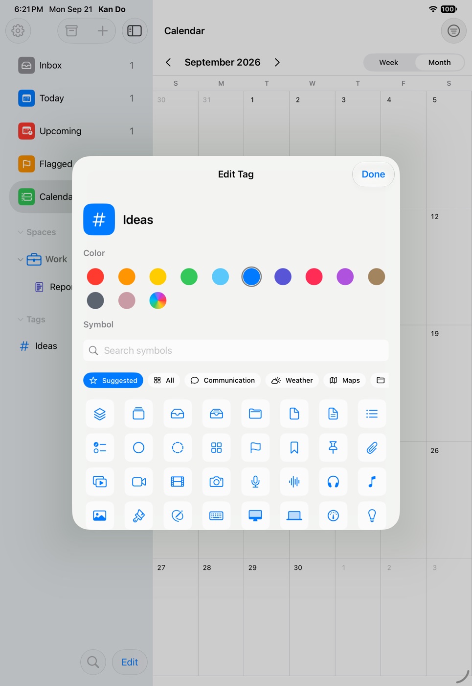 The Edit Tag sheet with the tag name, a color grid, and a searchable symbol picker
