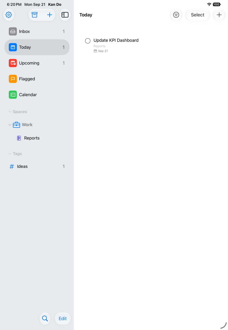 The Today list on iPad with one task due today, and Sort and Filter, Select, and + in the toolbar