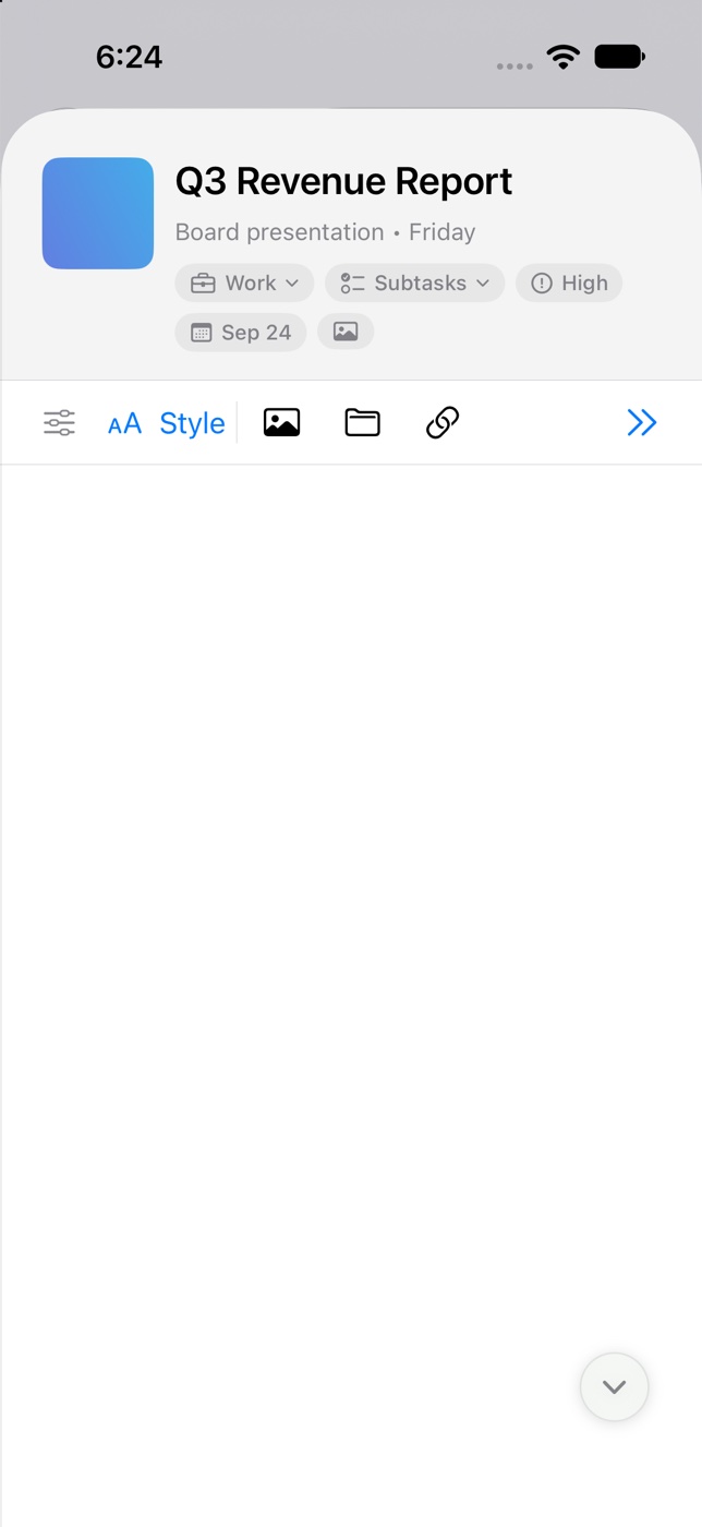 A task sheet on iPhone with the cover thumbnail, title, subtitle, and chips