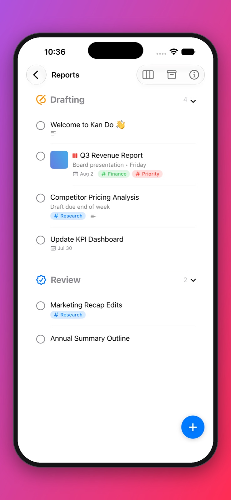 Kan Do on iPhone showing the Today list