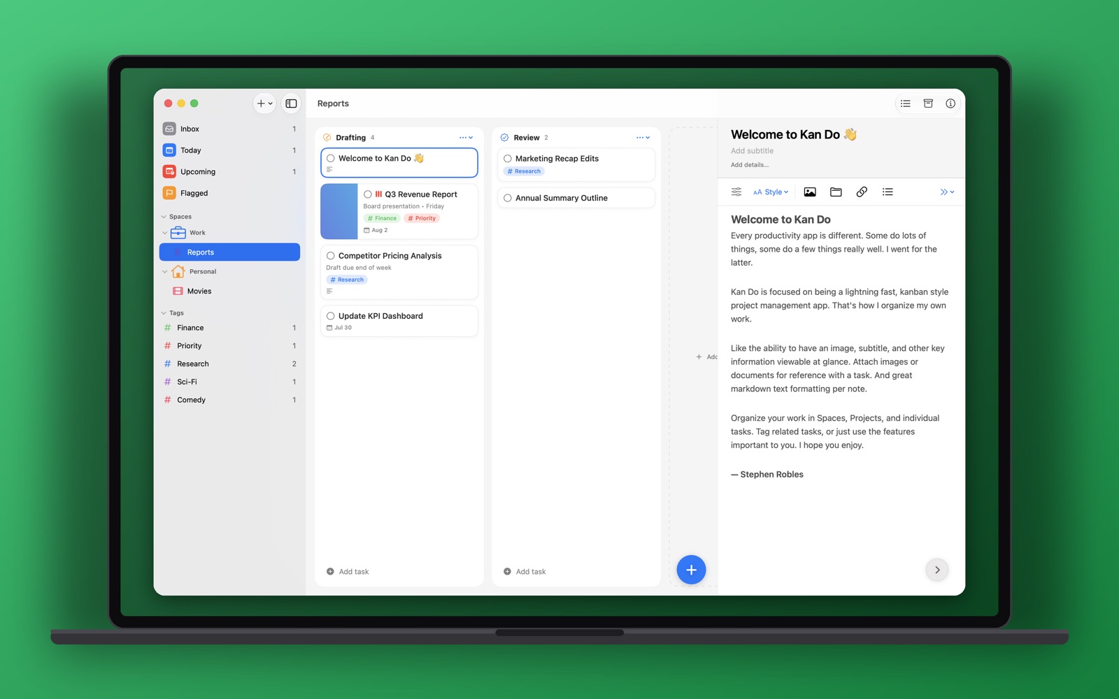 Kan Do on a Mac with the sidebar, a board, and a task pane
